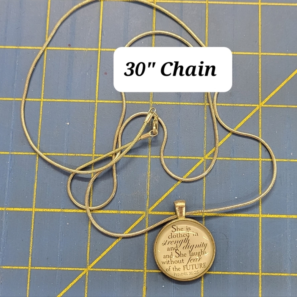 Proverbs 31:25 1" Glass Cabochon Charm Silver Plated 30" Chain